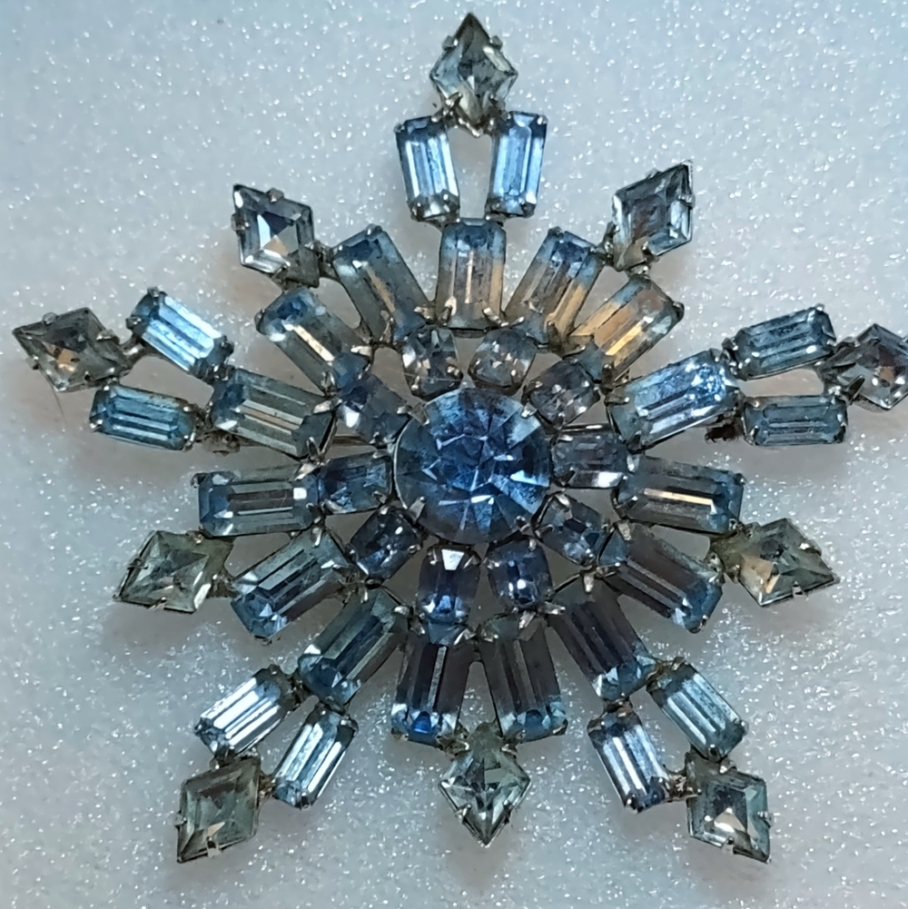 Blue Rhinestone Crystal Snowflake Brooch